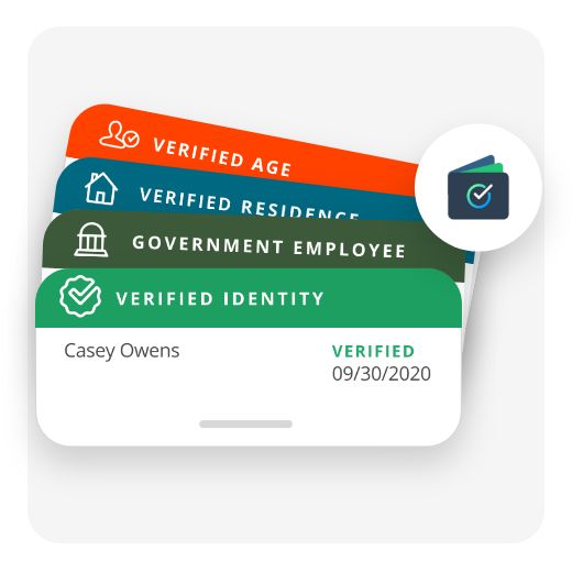 Verified age, verified residence, government employee, and verified identity stickers with a wallet icon